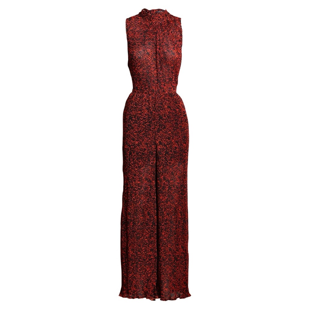 Fancy Jumpsuit Pleated Wide Legs Halter Flattering Rust Red Black Open Back NEW